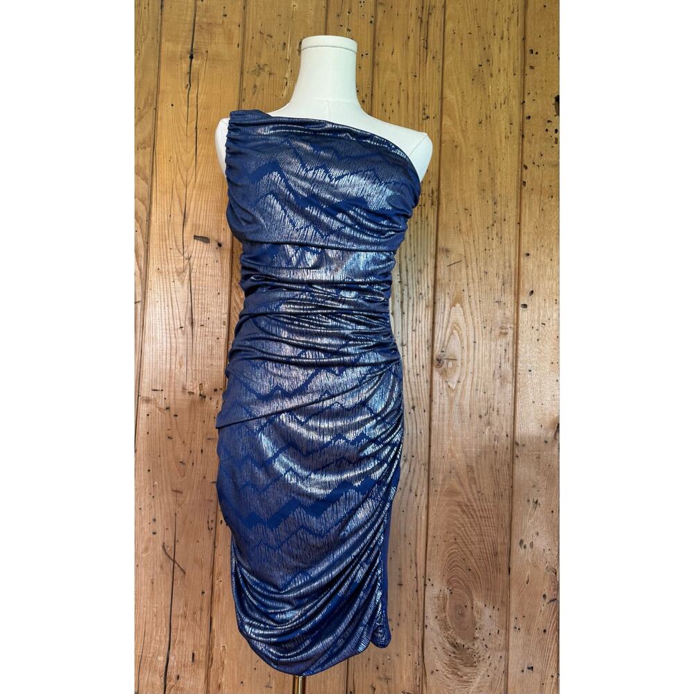 Studio Small Blue Silver Metallic One Shoulder Ruched Cocktail Dress NWT - Picture 6 of 11